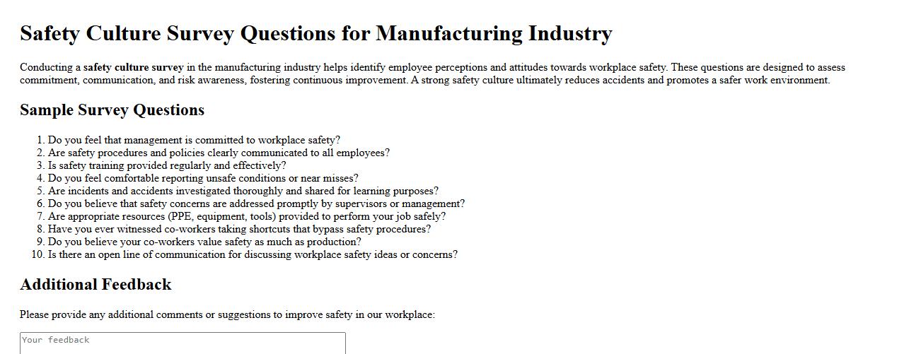 Safety culture survey questions for manufacturing industry image preview
