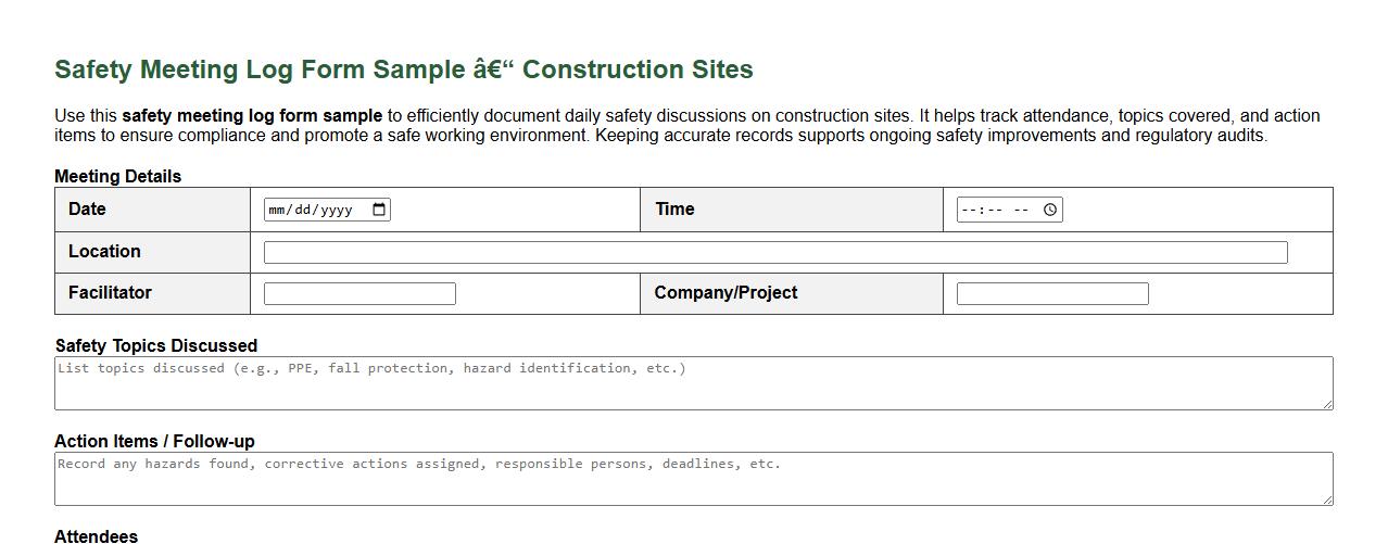 safety meeting log form sample for construction sites image preview