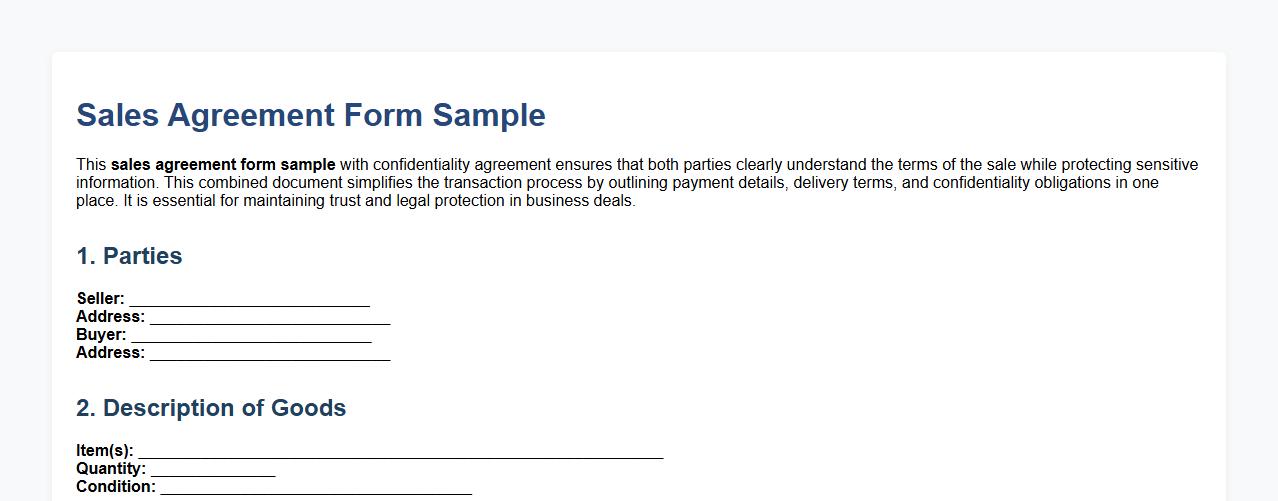 Sales agreement form sample with confidentiality agreement image preview