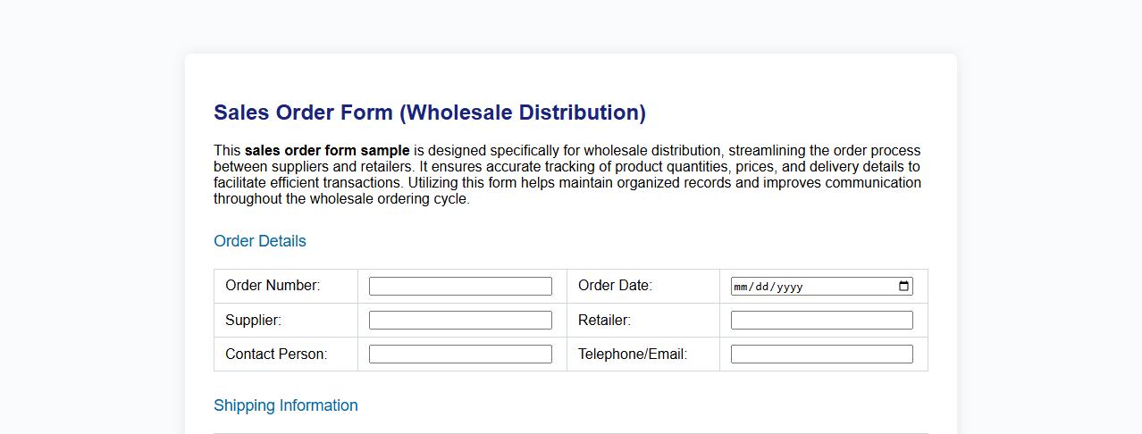 sales order form sample for wholesale distribution image preview