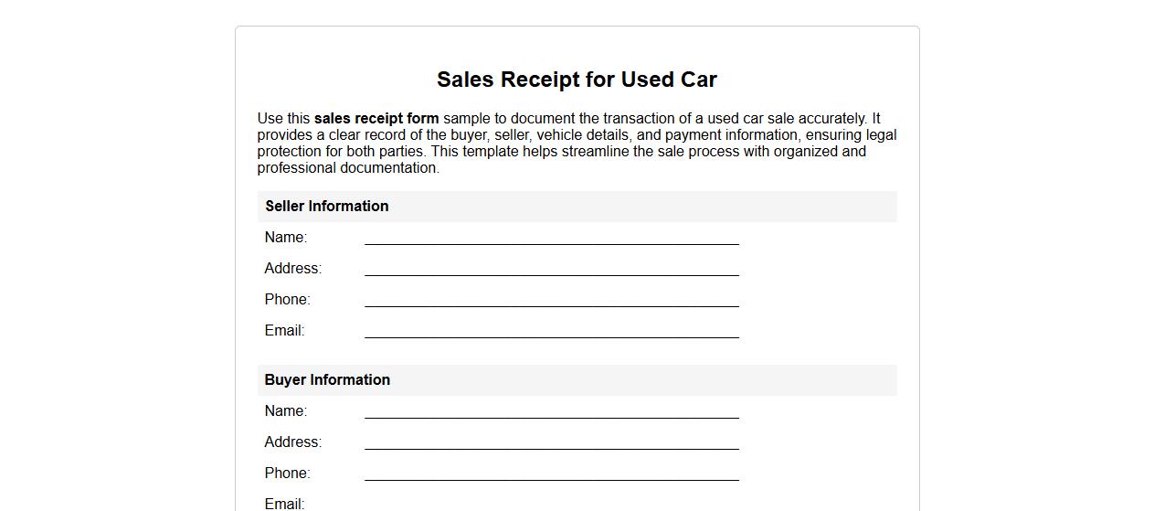 Sales receipt form sample for used car sale image preview