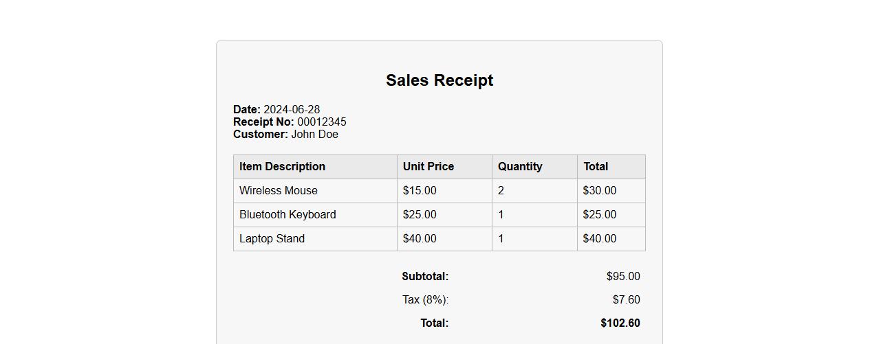 Sales receipt format with itemized details image preview
