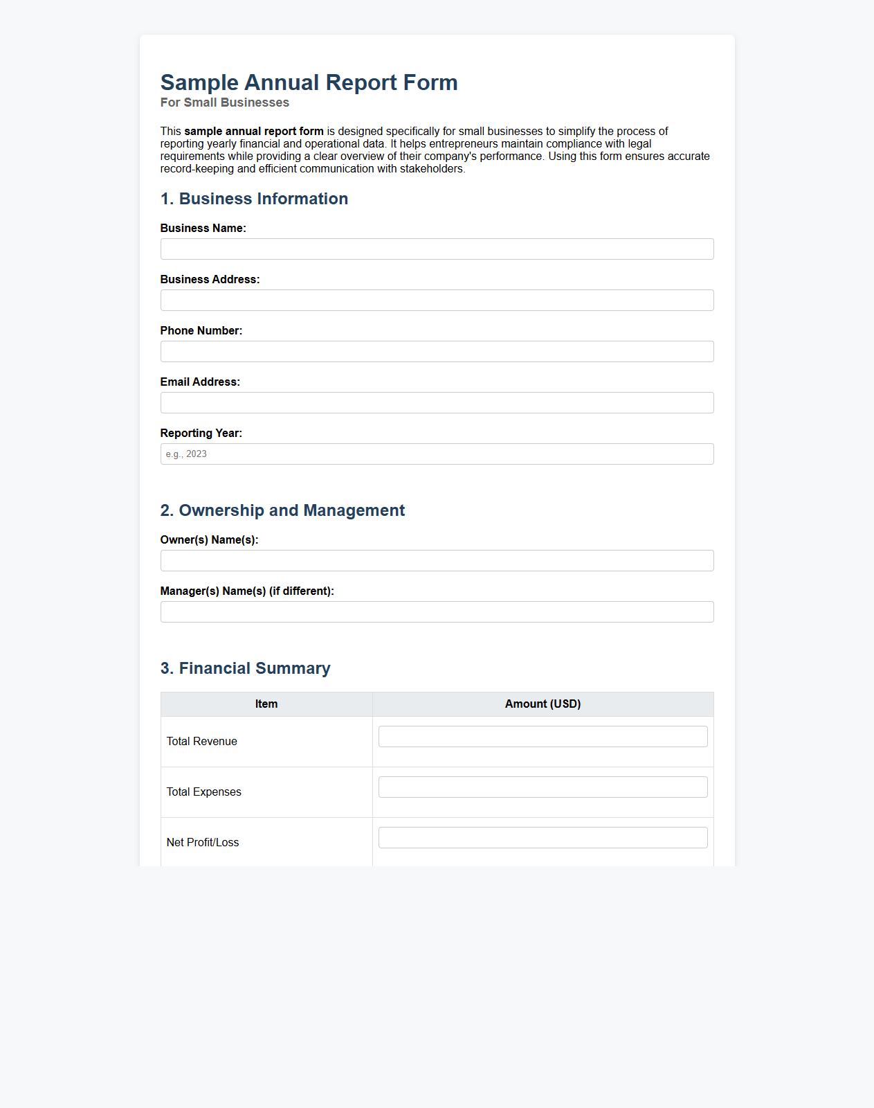 sample annual report form for small businesses image preview