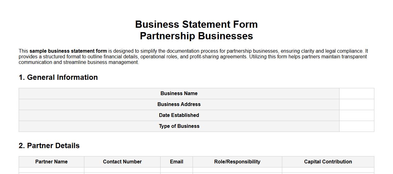 Sample business statement form for partnership businesses image preview