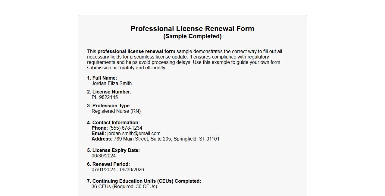 Sample completed professional license renewal form image preview