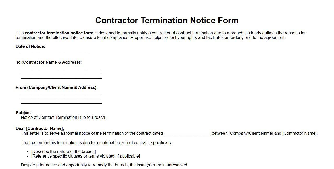 Sample contractor termination notice form due to breach of contract image preview