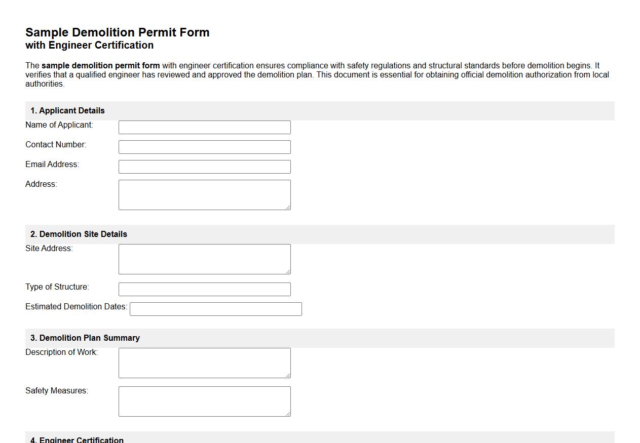 sample demolition permit form with engineer certification image preview