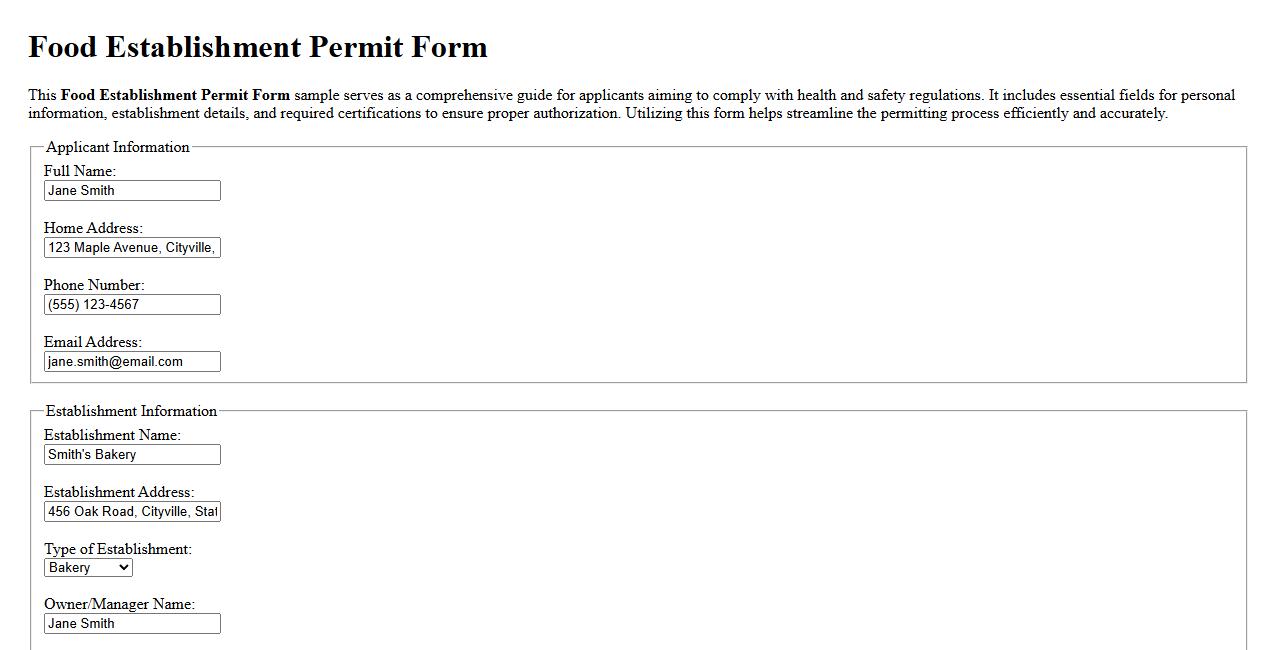 Sample filled food establishment permit form image preview