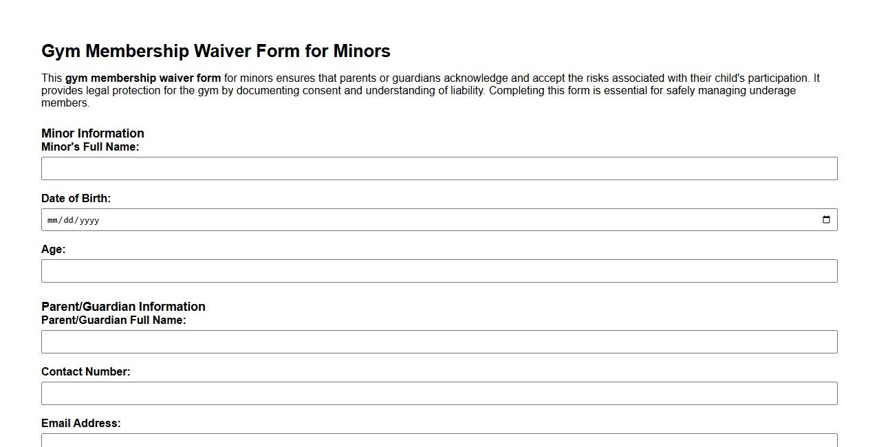 Sample gym membership waiver form for minors image preview