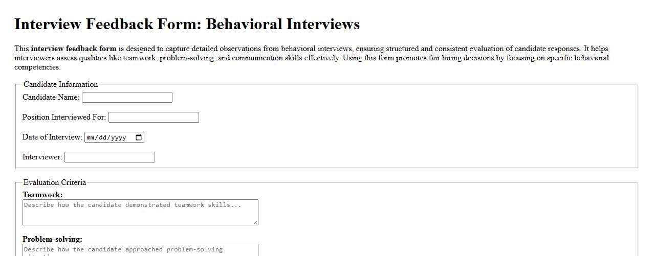 Sample interview feedback form for behavioral interviews image preview