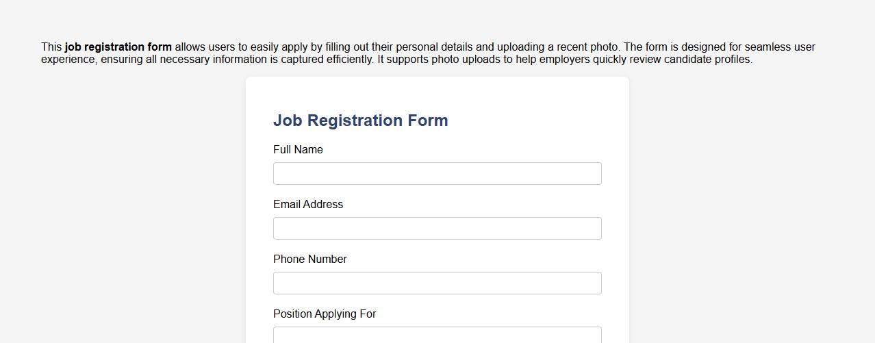 sample job registration form with photo upload option image preview