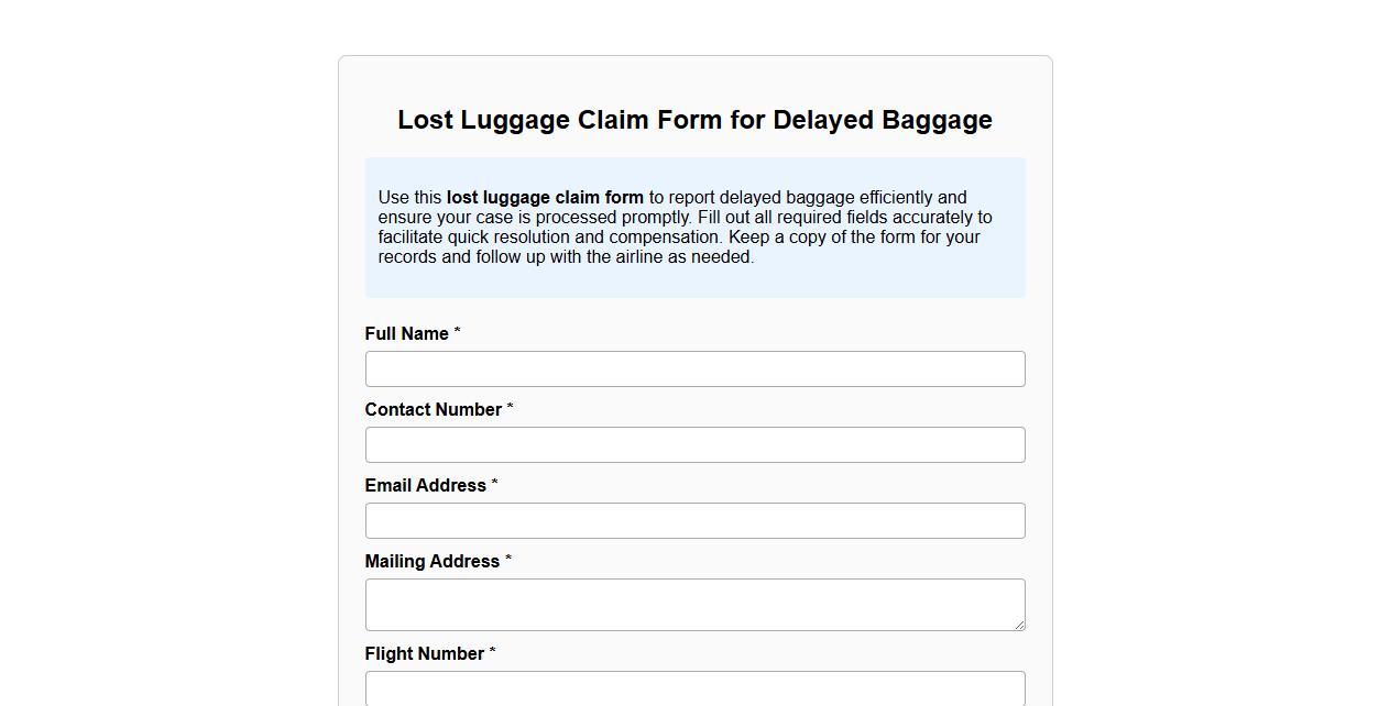 Sample lost luggage claim form for delayed baggage image preview