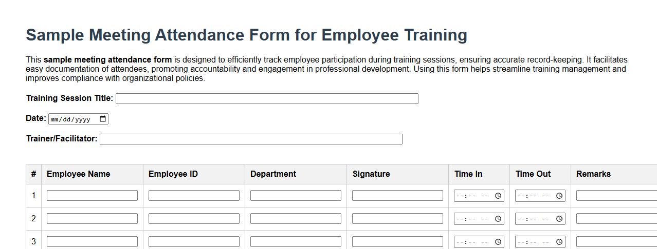 sample meeting attendance form for employee training image preview