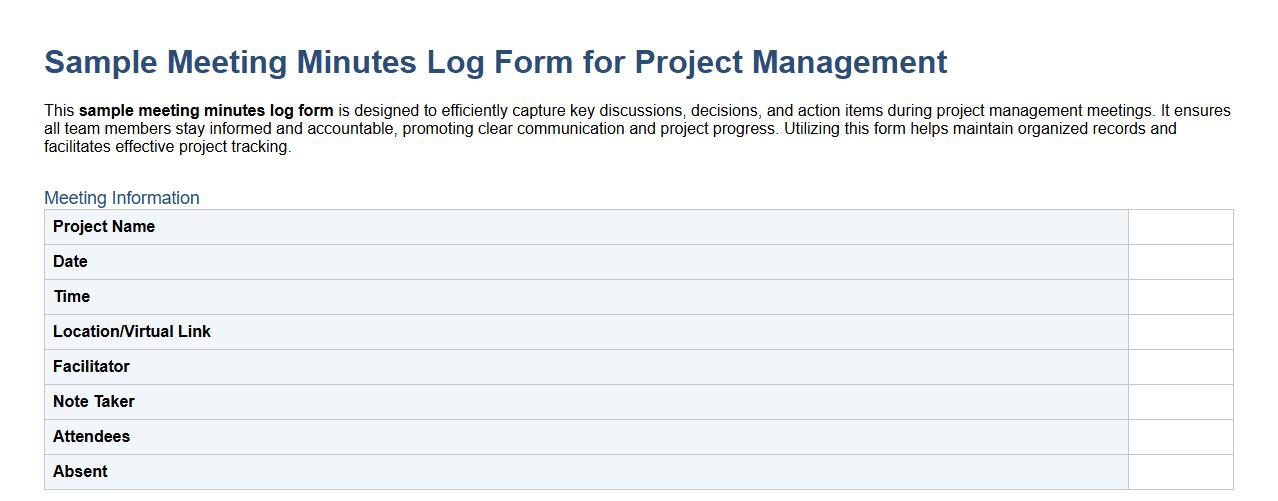 Sample meeting minutes log form for project management image preview