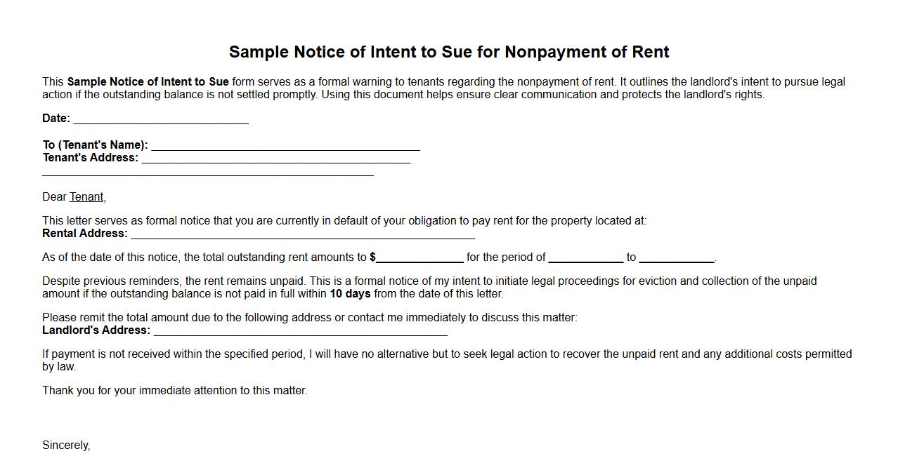 Sample Notice of Intent to Sue form for nonpayment of rent image preview