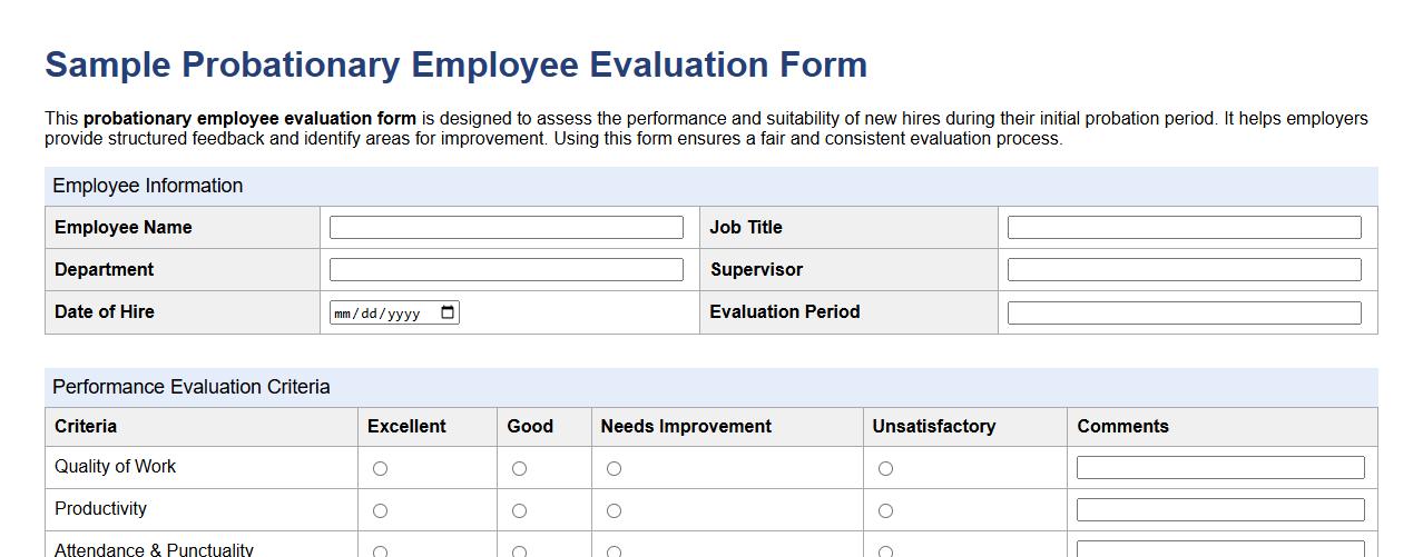Sample probationary employee evaluation form for new hires image preview