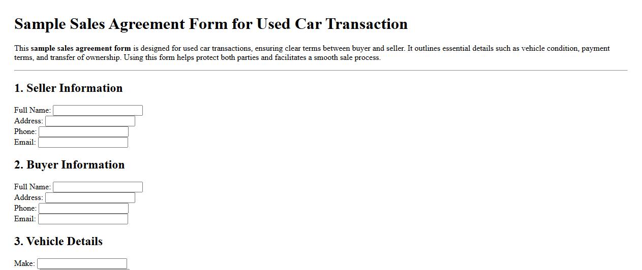 Sample sales agreement form for used car transaction image preview