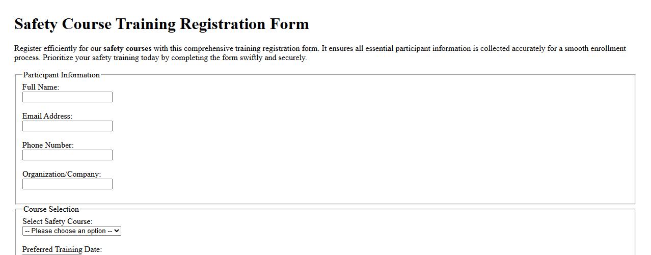 Sample training registration form for safety courses image preview