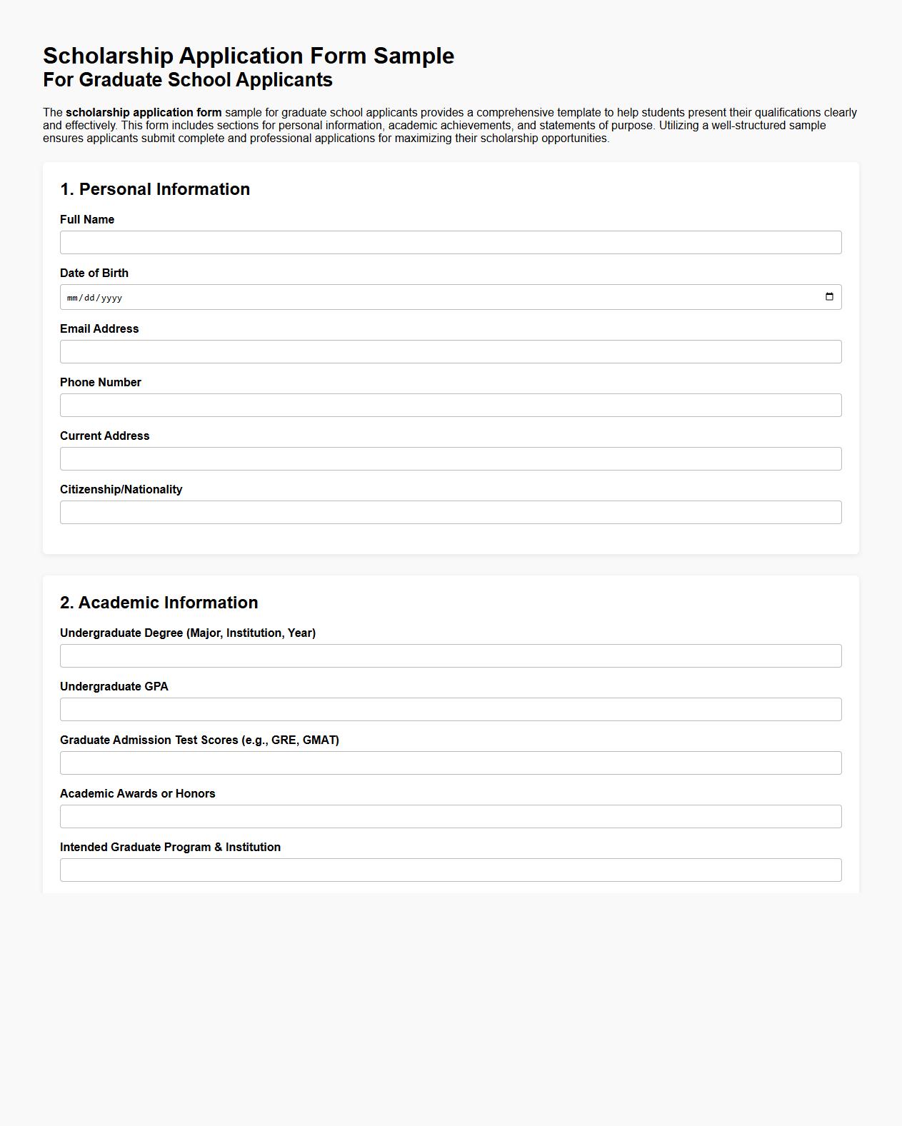 Scholarship application form sample for graduate school applicants image preview