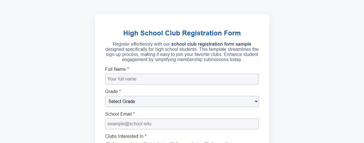 School club registration form sample for high school image preview