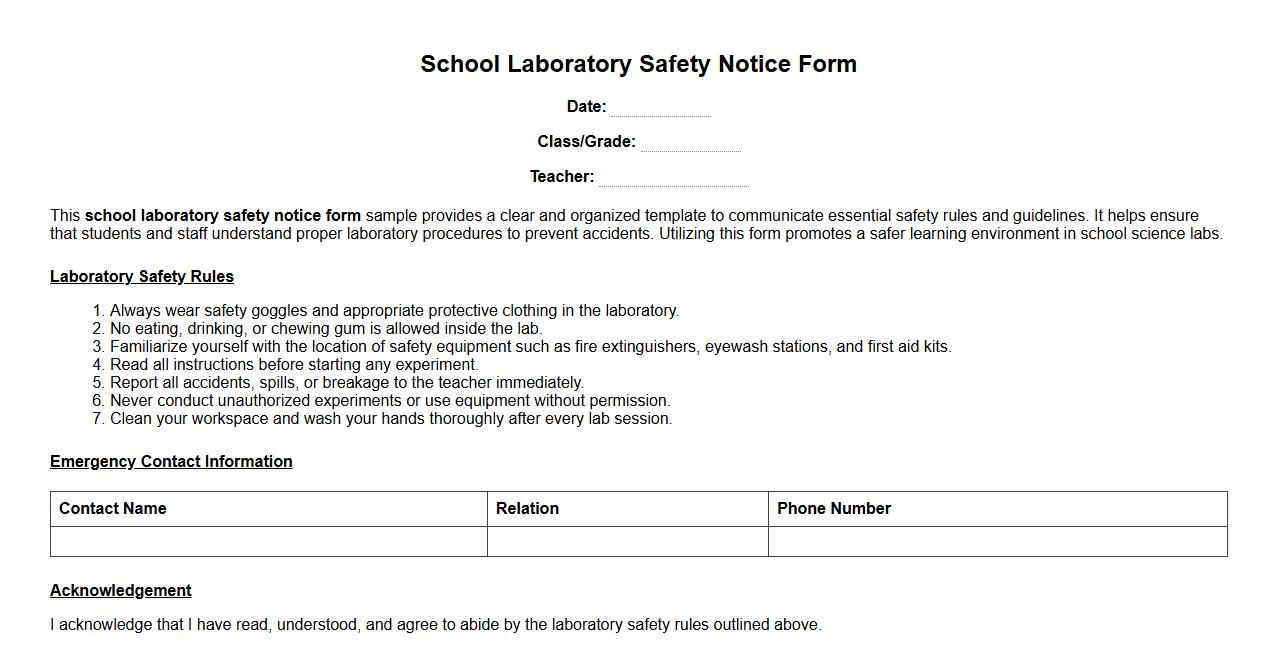 school laboratory safety notice form sample image preview