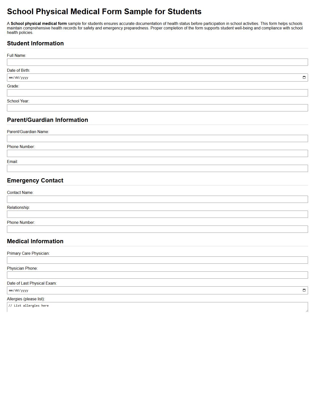 School physical medical form sample for students image preview