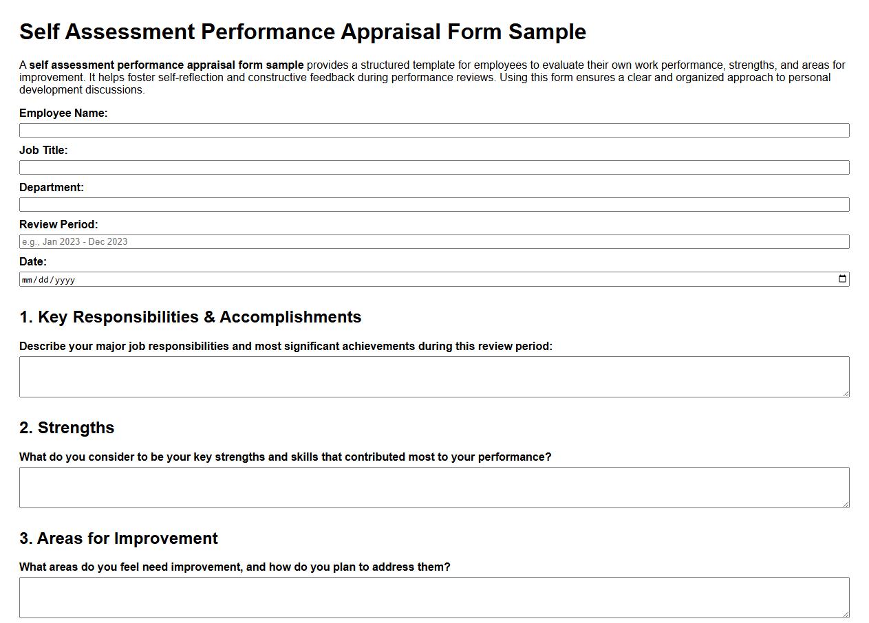 self assessment performance appraisal form sample image preview
