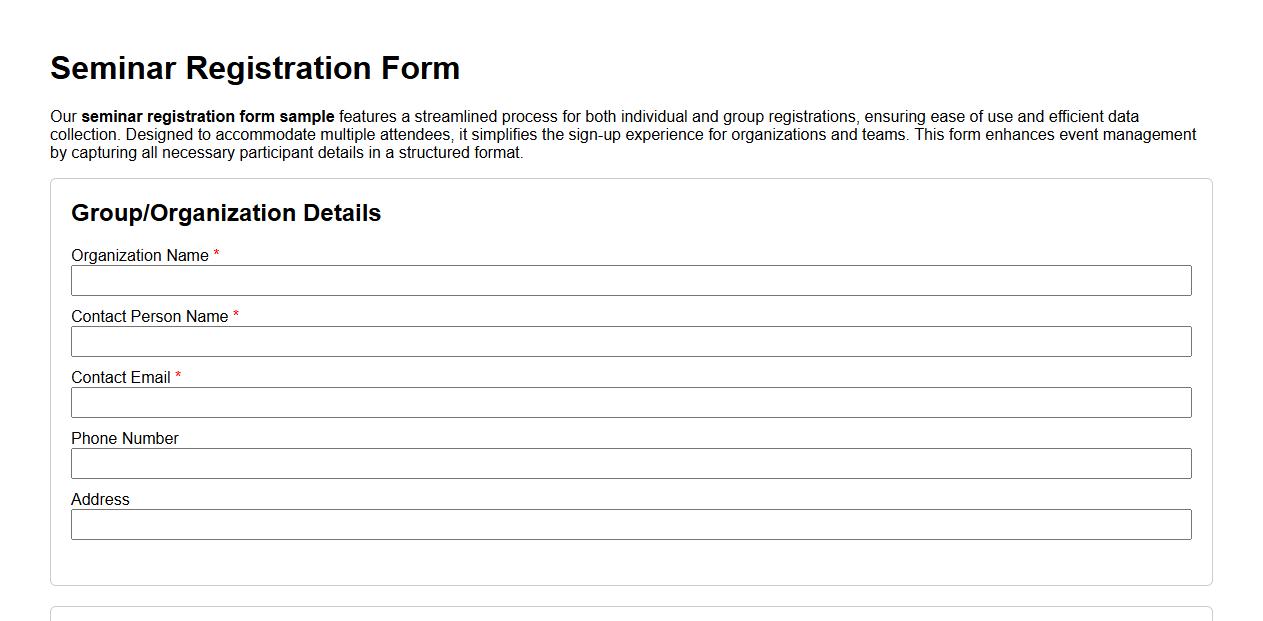 seminar registration form sample with group registration image preview