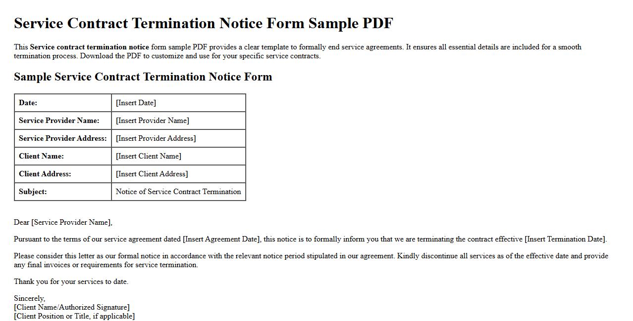 Service contract termination notice form sample PDF image preview