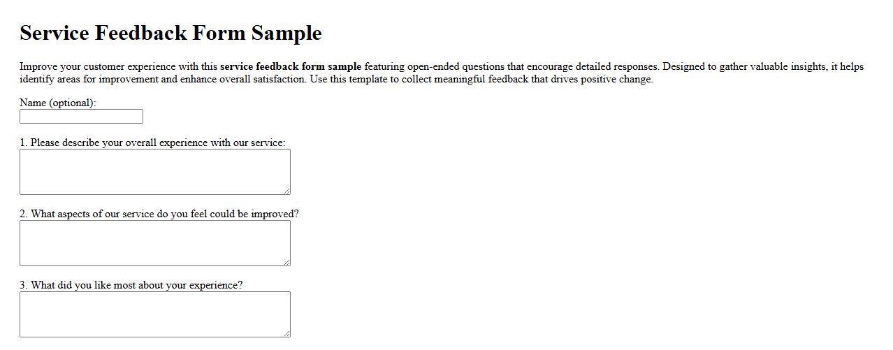 Service feedback form sample with open-ended questions image preview
