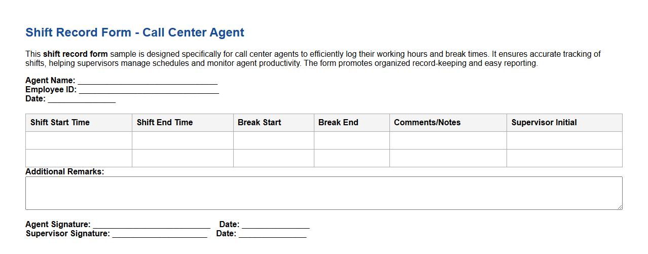 shift record form sample for call center agents image preview