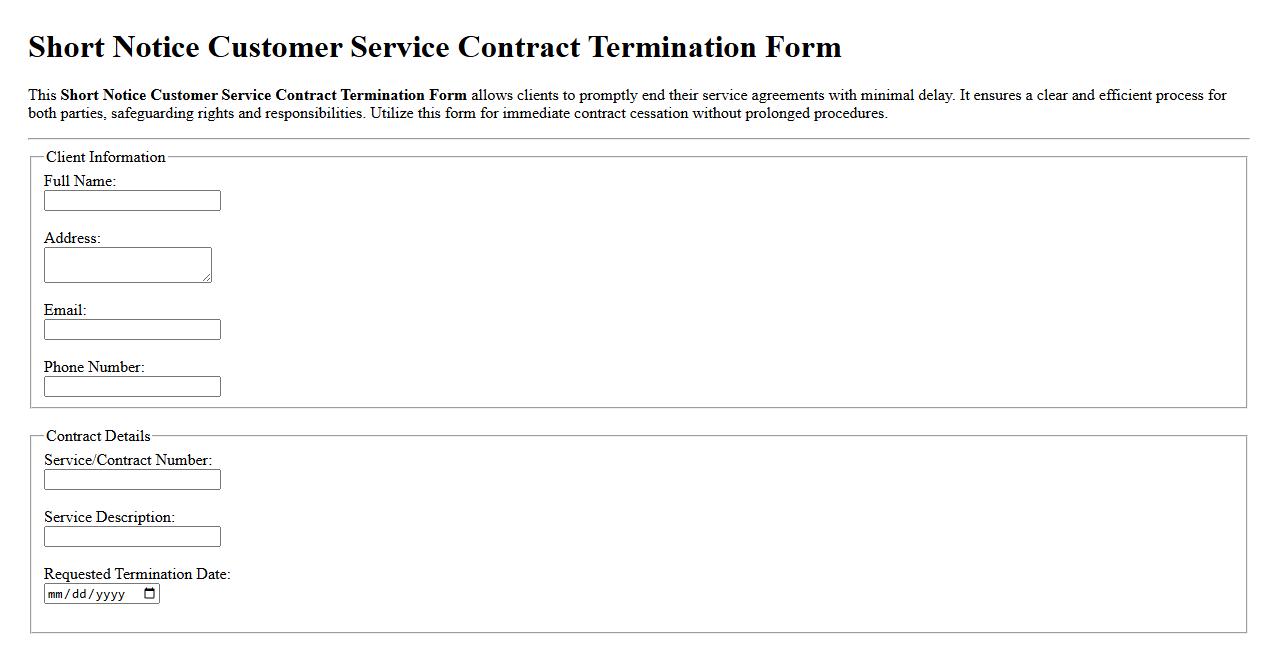 Short notice customer service contract termination form image preview