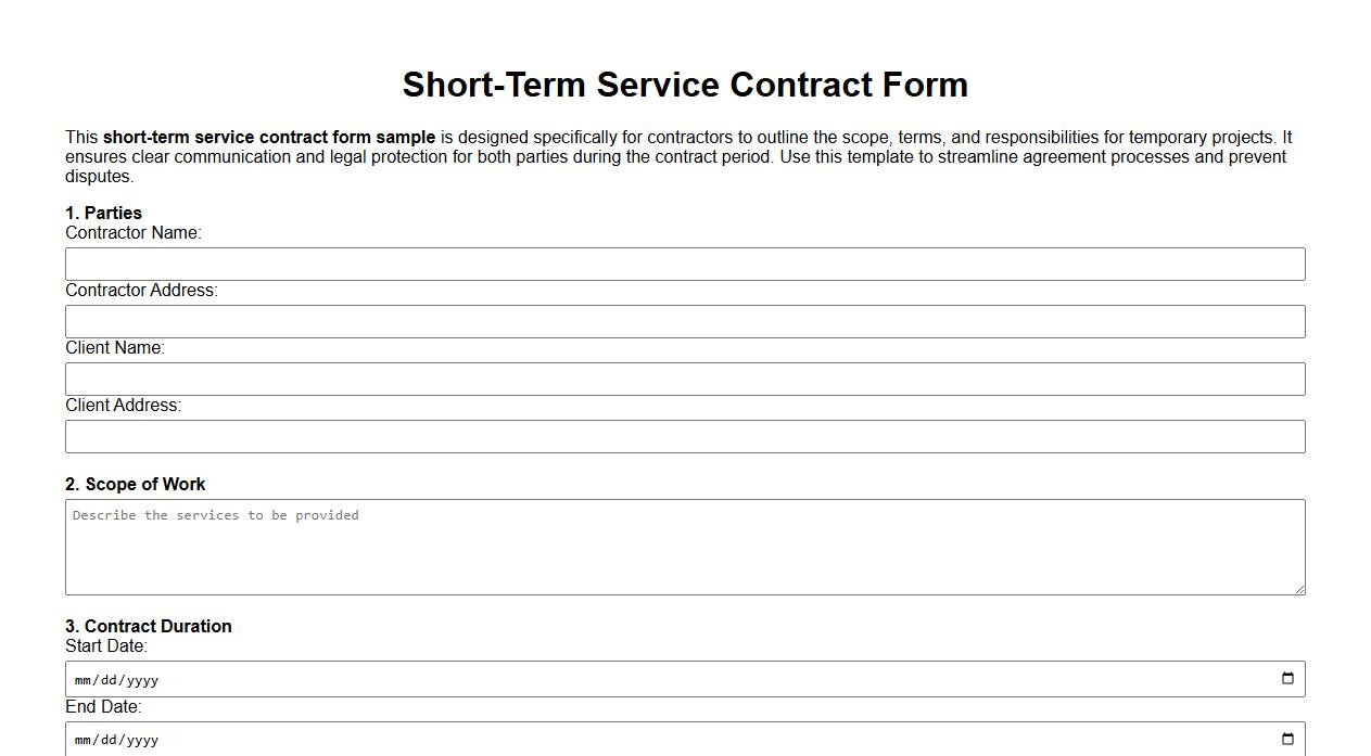 Short-term service contract form sample for contractors image preview