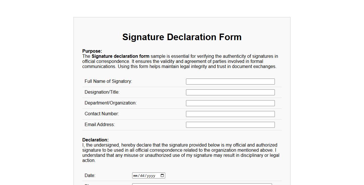 Signature declaration form sample for official correspondence image preview