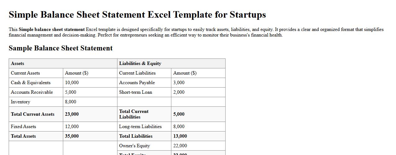 Simple balance sheet statement excel template for startups image preview