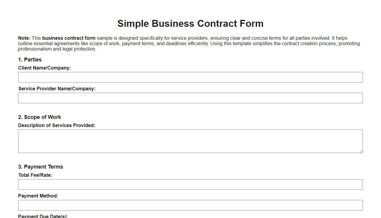 Simple business contract form sample for service providers image preview