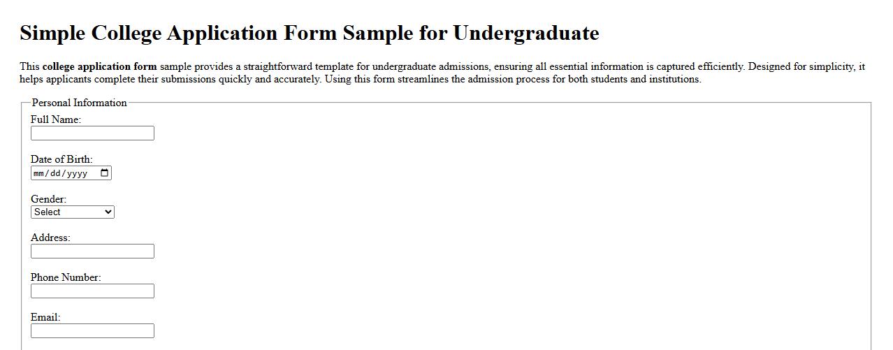 Simple college application form sample for undergraduate image preview