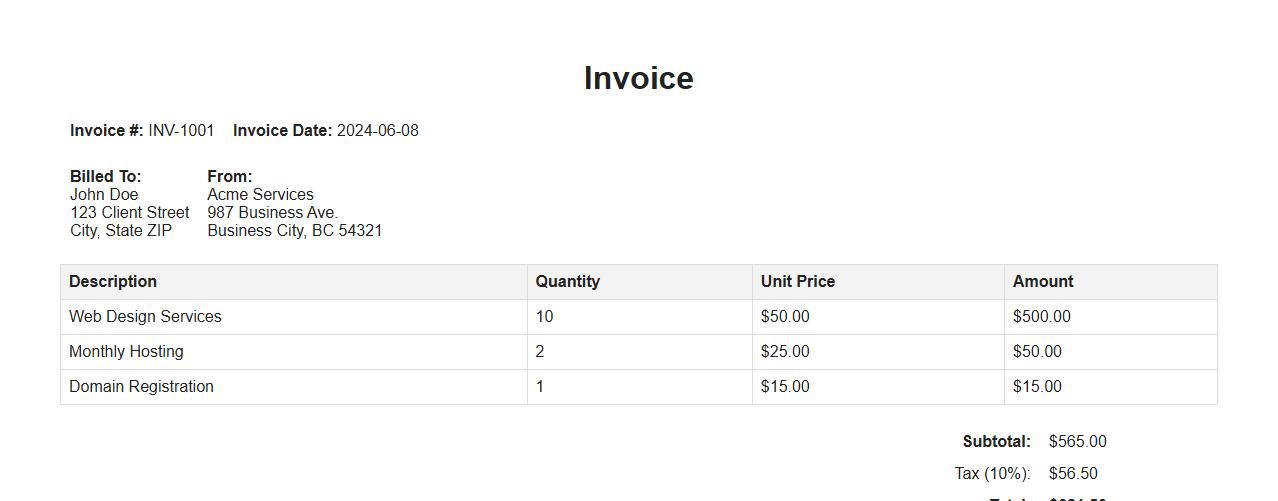 Simple invoice example PDF with itemized list image preview