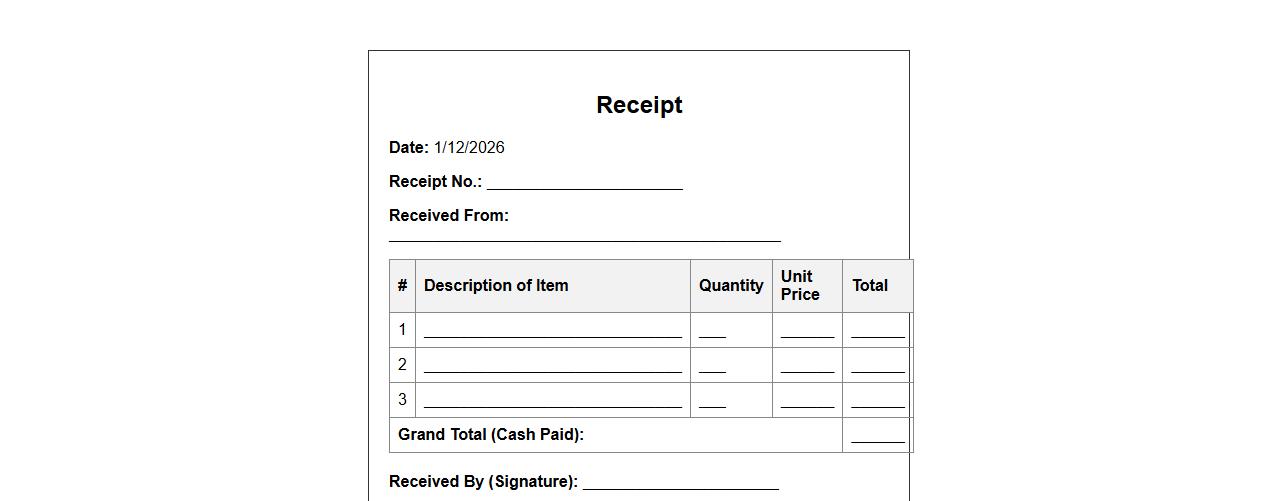 simple itemized receipt form sample for cash payment image preview