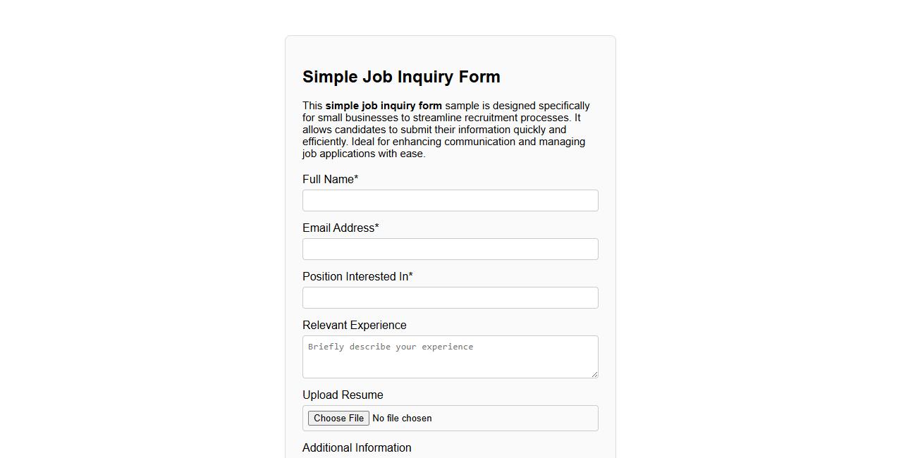 Simple job inquiry form sample for small businesses image preview