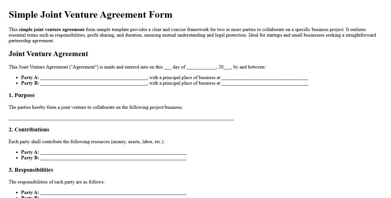 Simple joint venture agreement form sample template image preview