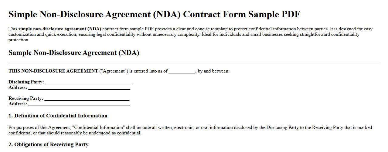 simple non-disclosure agreement (NDA) contract form sample PDF image preview