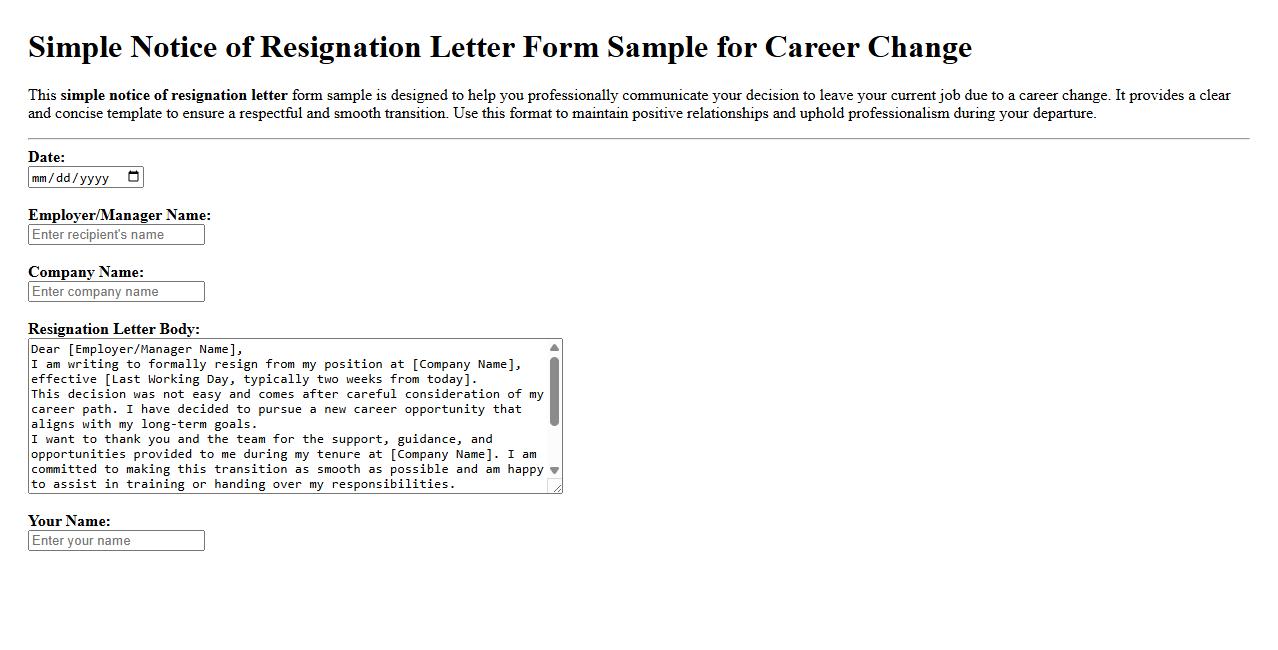 simple notice of resignation letter form sample for career change image preview