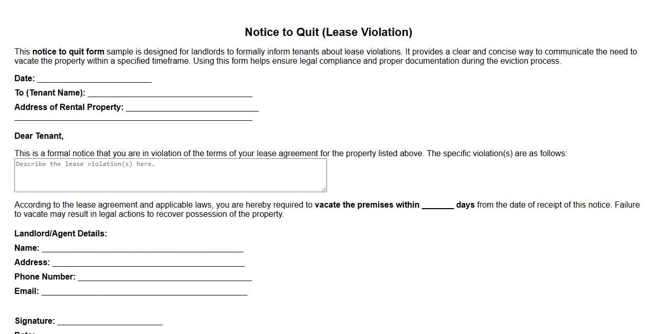 Simple notice to quit form sample for lease violation image preview
