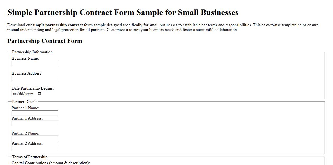 Simple partnership contract form sample for small businesses image preview