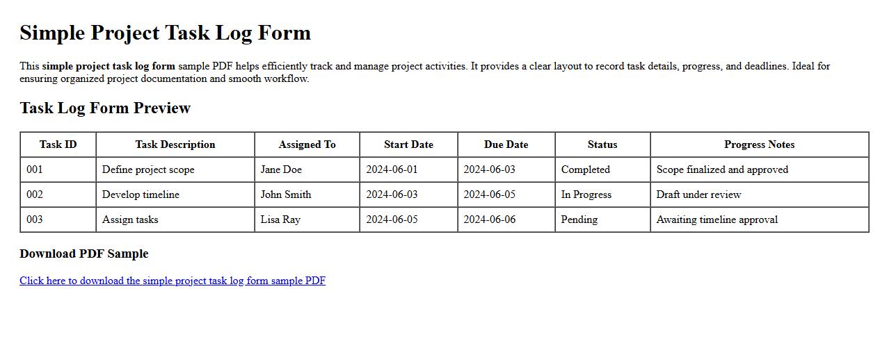 simple project task log form sample PDF image preview