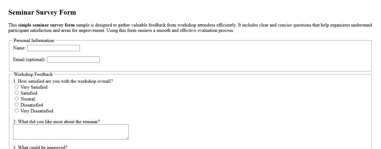 simple seminar survey form sample for workshop attendees image preview