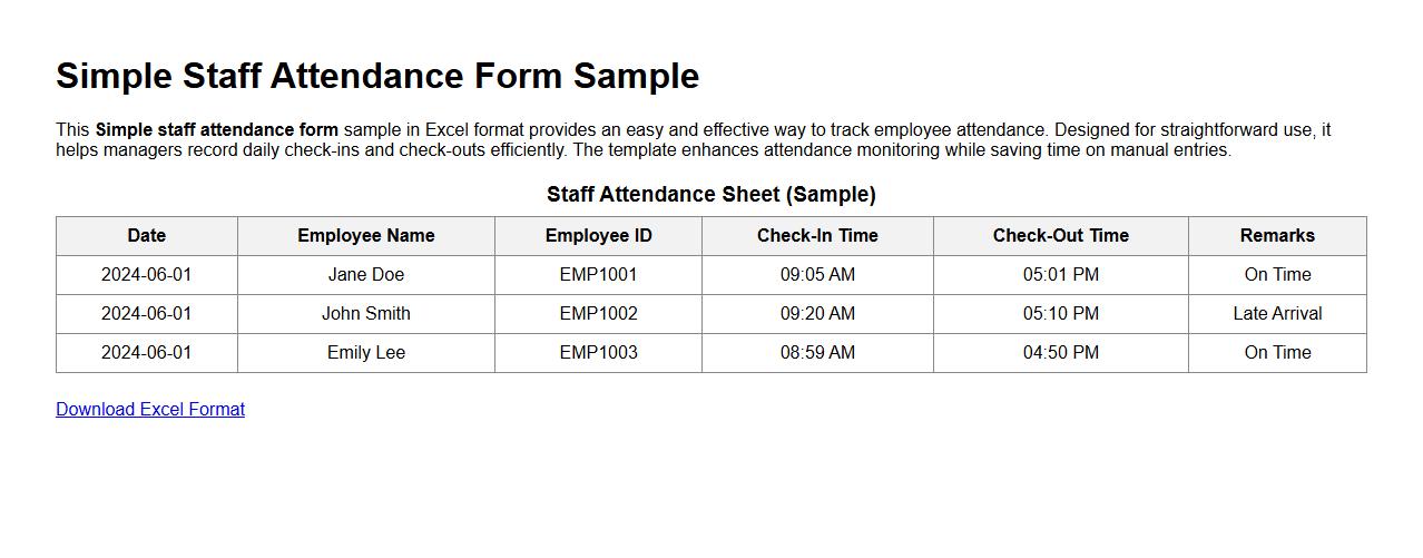 Simple staff attendance form sample in Excel format image preview