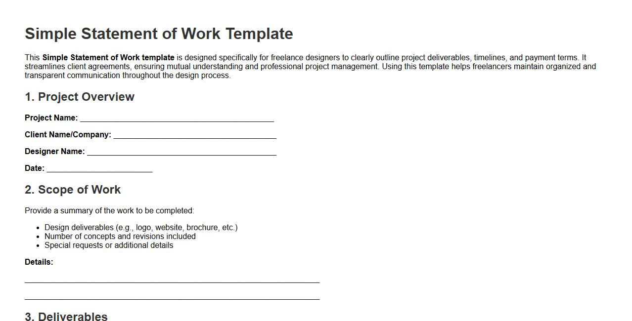 Simple statement of work template for freelance designers image preview