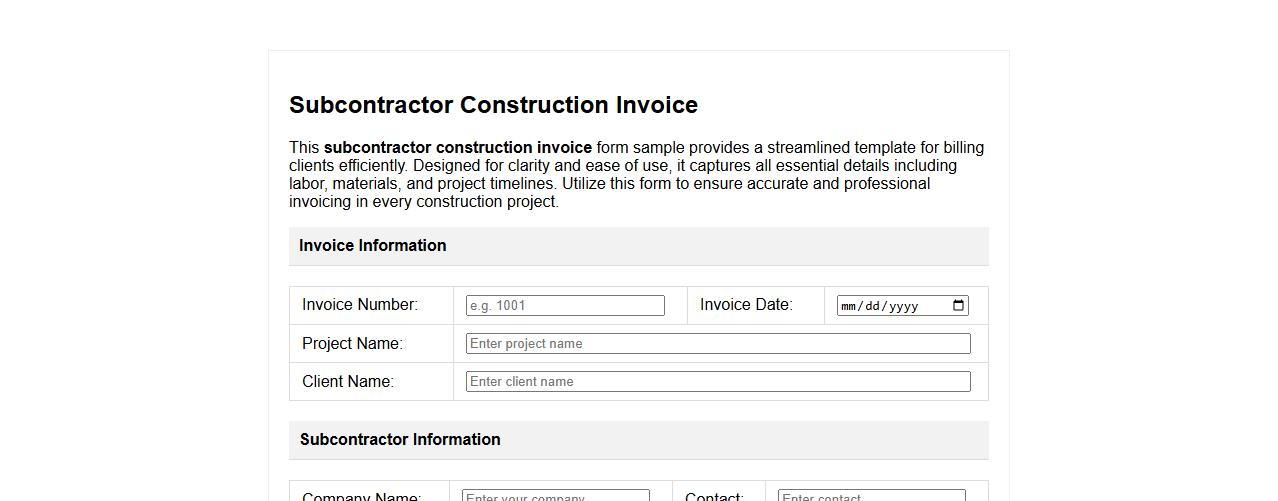 Simple subcontractor construction invoice form sample image preview